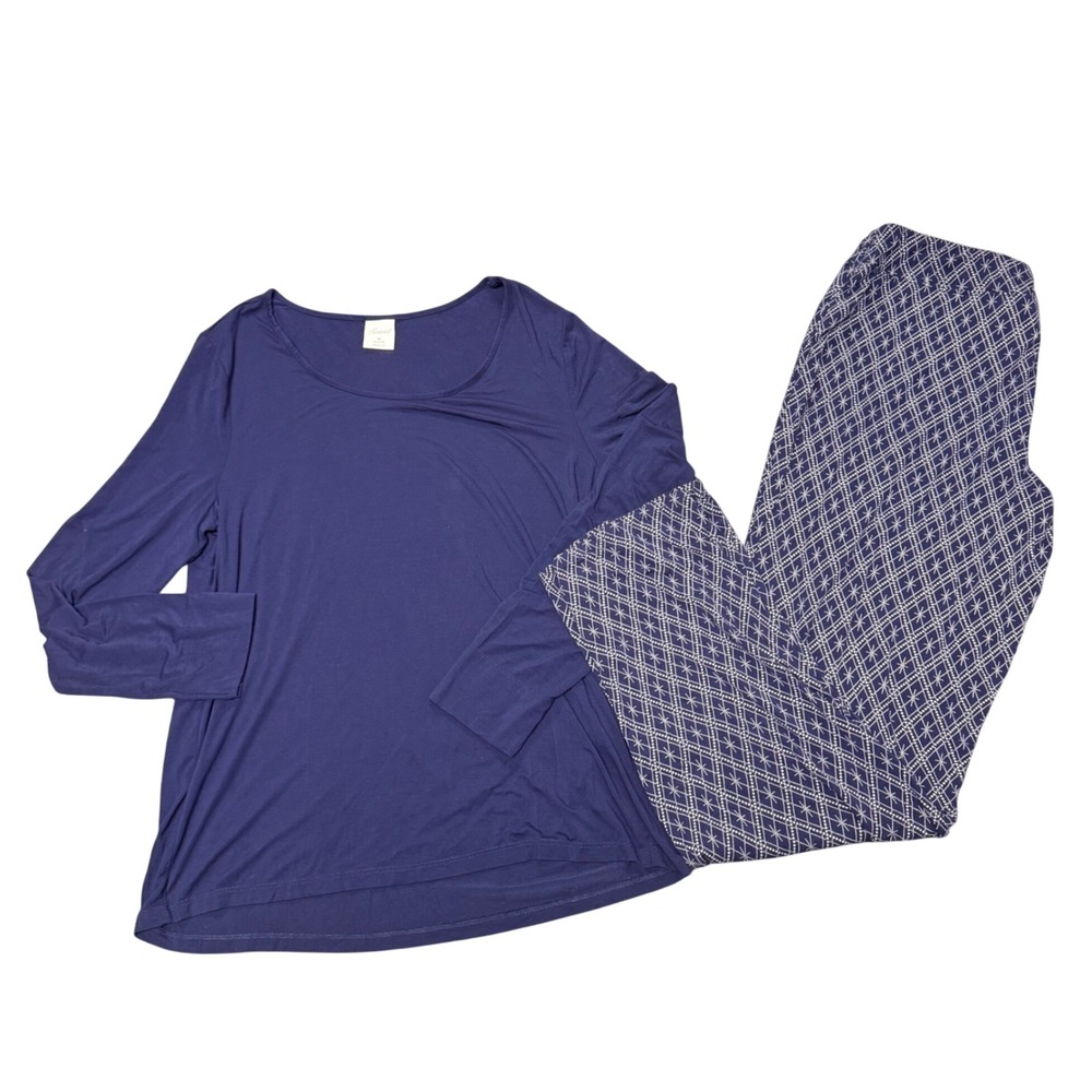 Soma Women Pajama Set M Blue Long Sleeve Top Diamond Print Pants Loungewear 2pc